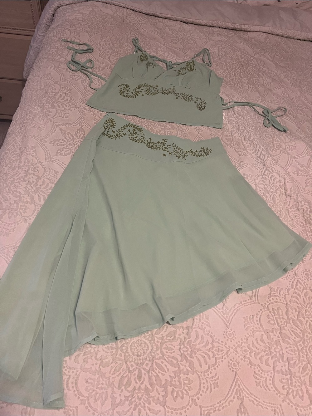 SHEIN Mint Green Asymmetrical Two-Piece Skirt Set with Embroidered Waist